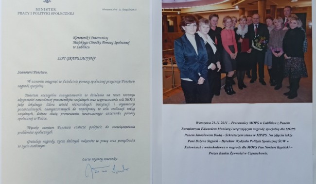 Ministerialna nagroda specjalna zespołowa dla MOPS w Lublińcu
